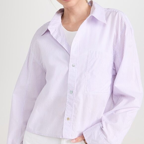 AMO Ruth Stripe Crop Shirt Pink White Blue XL NEW Casual Relaxed Button Front - Picture 1 of 10